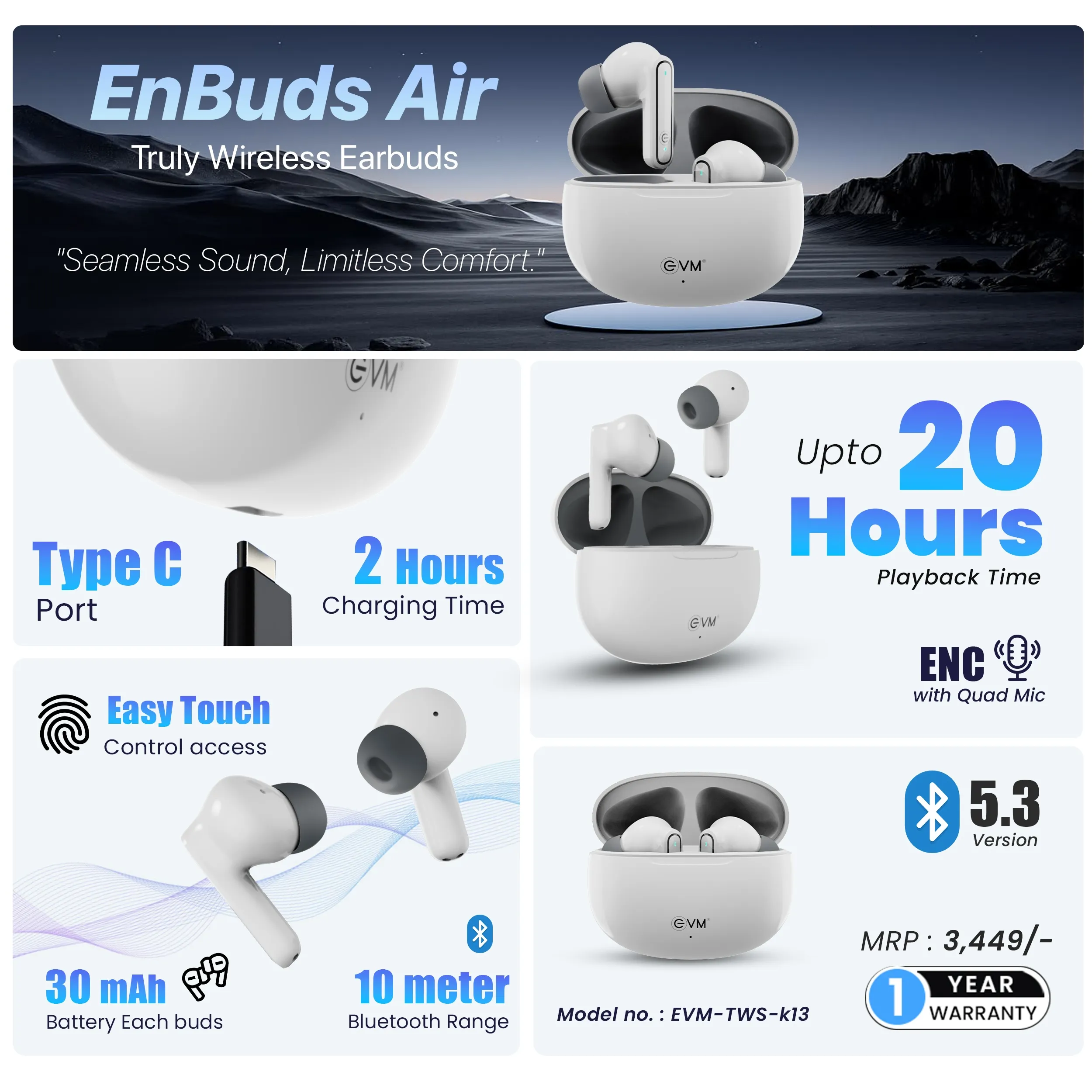EVM Wireless Bluetooth Earbuds ENBUDS AIR (TWS-K13) view 4